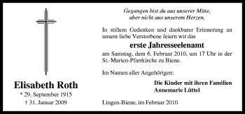 Traueranzeige von Elisabeth Roth von Neue Osnabrücker Zeitung GmbH & Co. KG