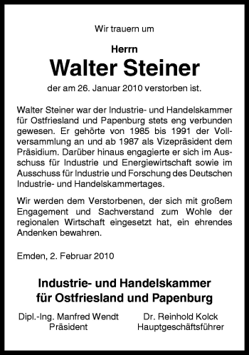 Traueranzeige von Walter Steiner von Neue Osnabrücker Zeitung GmbH & Co. KG