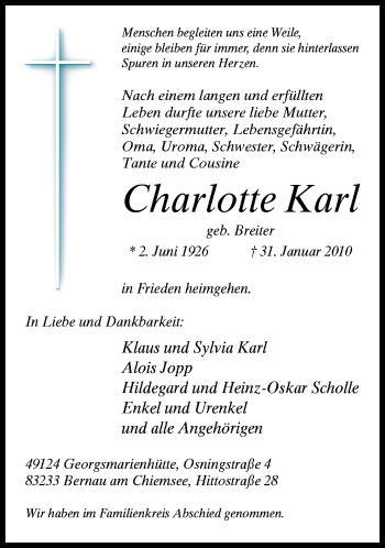 Traueranzeige von Charlotte Karl von Neue Osnabrücker Zeitung GmbH & Co. KG