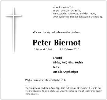 Traueranzeige von Peter Biernot von Neue Osnabrücker Zeitung GmbH & Co. KG