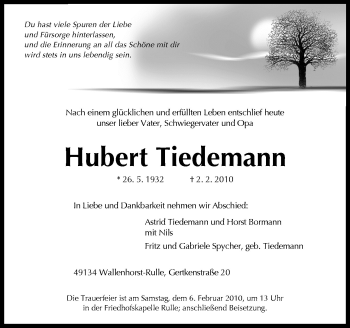 Traueranzeige von Hubert Tiedemann von Neue Osnabrücker Zeitung GmbH & Co. KG