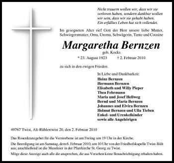 Traueranzeige von Margaretha Bernzen von Neue Osnabrücker Zeitung GmbH & Co. KG