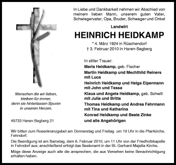Traueranzeige von Heinrich Heidkamp von Neue Osnabrücker Zeitung GmbH & Co. KG