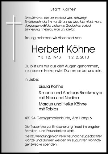 Traueranzeige von Herbert Köhne von Neue Osnabrücker Zeitung GmbH & Co. KG