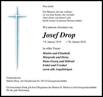 Traueranzeige von Josef Drop von Neue Osnabrücker Zeitung GmbH & Co. KG