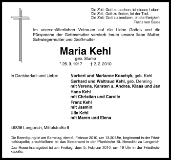 Traueranzeige von Maria Kehl von Neue Osnabrücker Zeitung GmbH & Co. KG