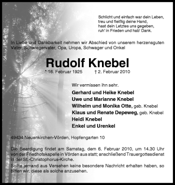 Traueranzeige von Rudolf Knebel von Neue Osnabrücker Zeitung GmbH & Co. KG