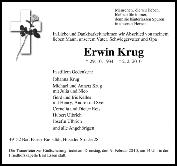 Traueranzeige von Erwin Krug von Neue Osnabrücker Zeitung GmbH & Co. KG