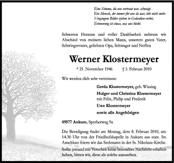 Traueranzeige von Wener Klostermeyer von Neue Osnabrücker Zeitung GmbH & Co. KG