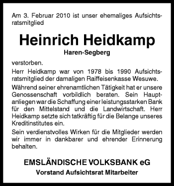 Traueranzeige von Heinrich Heidkamp von Neue Osnabrücker Zeitung GmbH & Co. KG