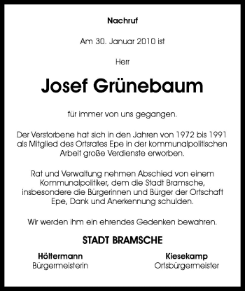 Traueranzeige von Josef Grünebaum von Neue Osnabrücker Zeitung GmbH & Co. KG