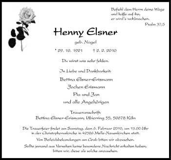 Traueranzeige von Henny Elsner von Neue Osnabrücker Zeitung GmbH & Co. KG
