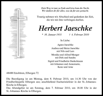 Traueranzeige von Herbert Jaeschke von Neue Osnabrücker Zeitung GmbH & Co. KG