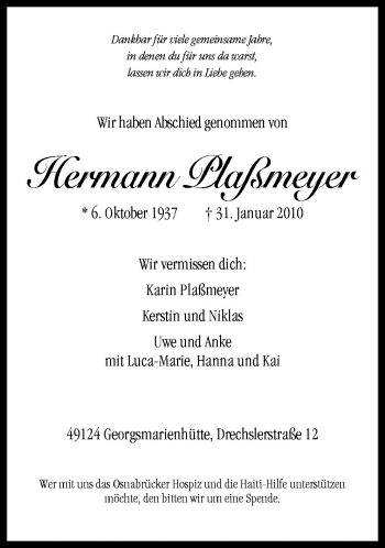 Traueranzeige von Hermann Plaßmeyer von Neue Osnabrücker Zeitung GmbH & Co. KG
