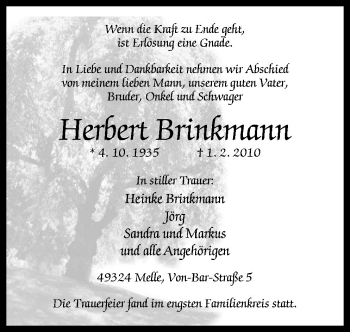 Traueranzeige von Herbert Brinkmann von Neue Osnabrücker Zeitung GmbH & Co. KG