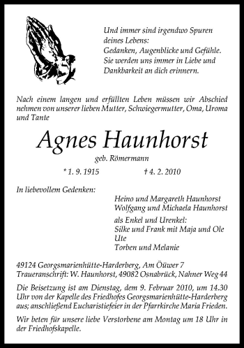 Traueranzeige von Agnes Haunhorst von Neue Osnabrücker Zeitung GmbH & Co. KG