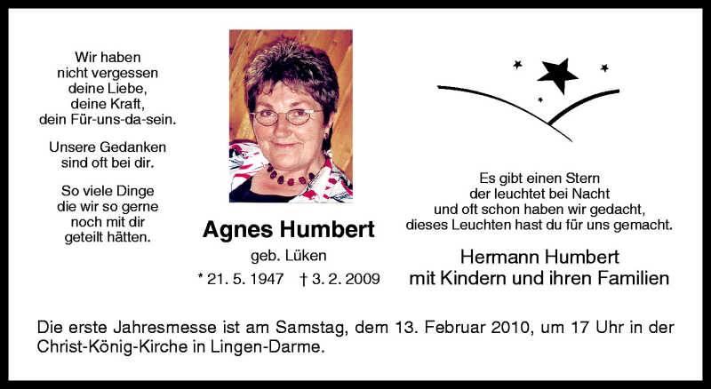  Traueranzeige für Agnes Humbert vom 10.02.2010 aus Neue Osnabrücker Zeitung GmbH & Co. KG