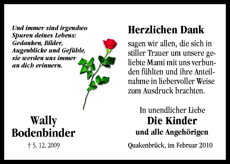  Traueranzeige für Wally Bodenbinder vom 06.02.2010 aus Neue Osnabrücker Zeitung GmbH & Co. KG