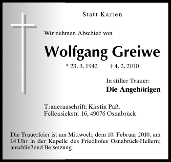 Traueranzeige von Wolfgang Greiwe von Neue Osnabrücker Zeitung GmbH & Co. KG