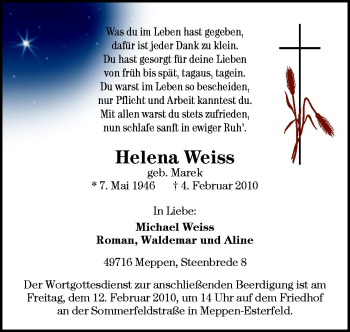 Traueranzeige von Helena Weiss von Neue Osnabrücker Zeitung GmbH & Co. KG
