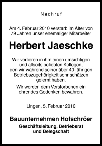Traueranzeige von Herbert Jaeschke von Neue Osnabrücker Zeitung GmbH & Co. KG