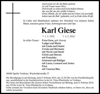 Traueranzeige von Karl Giese von Neue Osnabrücker Zeitung GmbH & Co. KG