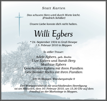 Traueranzeige von Willi Egbers von Neue Osnabrücker Zeitung GmbH & Co. KG