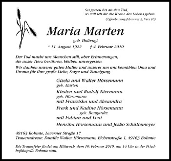 Traueranzeige von Maria Marten von Neue Osnabrücker Zeitung GmbH & Co. KG
