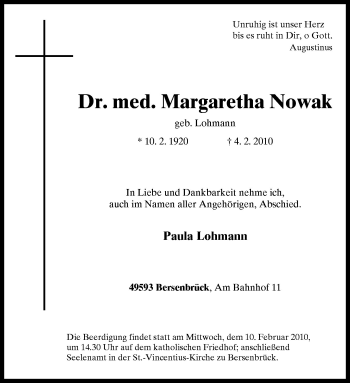 Traueranzeige von Margaretha Nowak von Neue Osnabrücker Zeitung GmbH & Co. KG