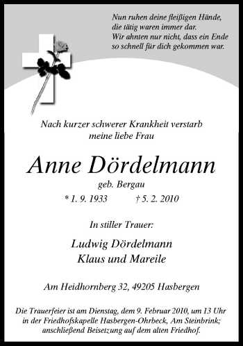 Traueranzeige von Anne Dördelmann von Neue Osnabrücker Zeitung GmbH & Co. KG