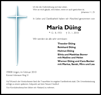 Traueranzeige von Maria Düing von Neue Osnabrücker Zeitung GmbH & Co. KG