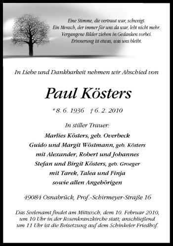 Traueranzeige von Paul Kösters von Neue Osnabrücker Zeitung GmbH & Co. KG