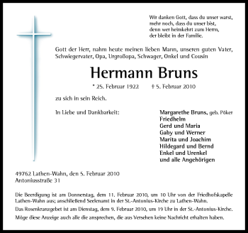 Traueranzeige von Hermann Bruns von Neue Osnabrücker Zeitung GmbH & Co. KG
