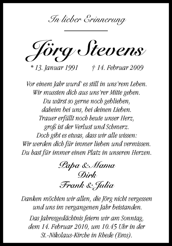  Traueranzeige für Jörg Stevens vom 11.02.2010 aus Neue Osnabrücker Zeitung GmbH & Co. KG