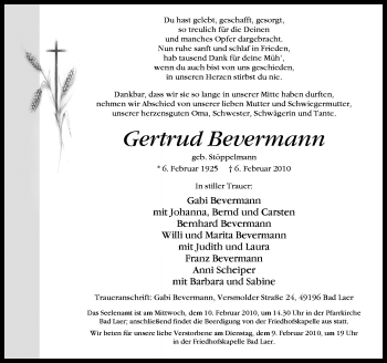 Traueranzeige von Gertrud Bevermann von Neue Osnabrücker Zeitung GmbH & Co. KG