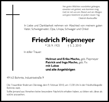 Traueranzeige von Friedrich Piepmeyer von Neue Osnabrücker Zeitung GmbH & Co. KG