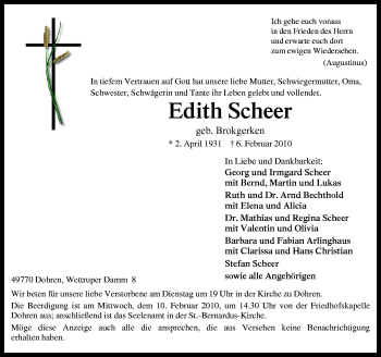 Traueranzeige von Edith Scheer von Neue Osnabrücker Zeitung GmbH & Co. KG