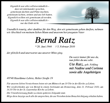 Traueranzeige von Bernd Ratz von Neue Osnabrücker Zeitung GmbH & Co. KG