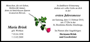 Traueranzeige von Maria Brink von Neue Osnabrücker Zeitung GmbH & Co. KG