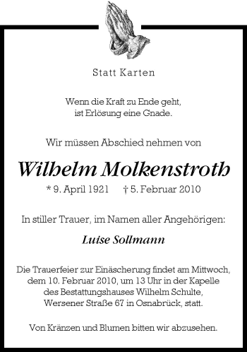 Traueranzeige von Wilhelm Molkenstroth von Neue Osnabrücker Zeitung GmbH & Co. KG