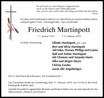 Traueranzeige von Friedrich Martinpott von Neue Osnabrücker Zeitung GmbH & Co. KG