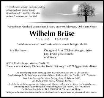 Traueranzeige von Wilhelm Brüse von Neue Osnabrücker Zeitung GmbH & Co. KG