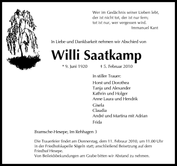 Traueranzeige von Willi Saatkamp von Neue Osnabrücker Zeitung GmbH & Co. KG