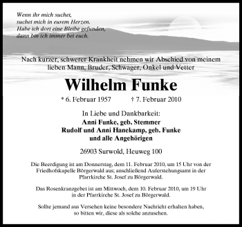 Traueranzeige von Wilhelm Funke von Neue Osnabrücker Zeitung GmbH & Co. KG