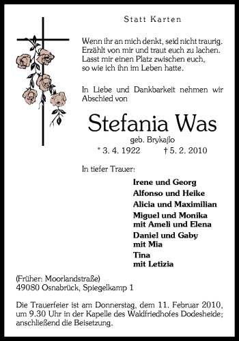 Traueranzeige von Stefania Was von Neue Osnabrücker Zeitung GmbH & Co. KG