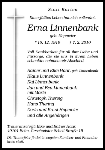 Traueranzeige von Erna Linnenbank von Neue Osnabrücker Zeitung GmbH & Co. KG
