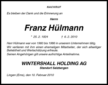 Traueranzeige von Franz Hülmann von Neue Osnabrücker Zeitung GmbH & Co. KG