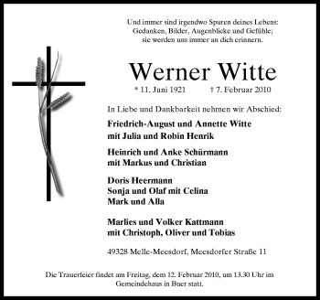 Traueranzeige von Werner Witte von Neue Osnabrücker Zeitung GmbH & Co. KG