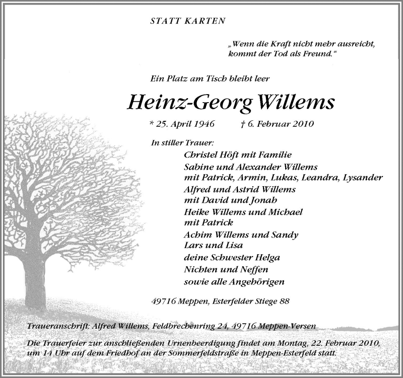  Traueranzeige für Heinz-Georg Willems vom 09.02.2010 aus Neue Osnabrücker Zeitung GmbH & Co. KG