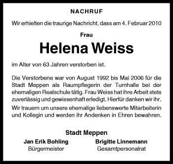 Traueranzeige von Helena Weiss von Neue Osnabrücker Zeitung GmbH & Co. KG